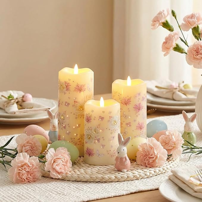 Eywamage Fiber Optic Flameless Pillar Candles with Remote, Floral Butterfly Spring LED Candles Flickering Easter Home Decor Set of 3
