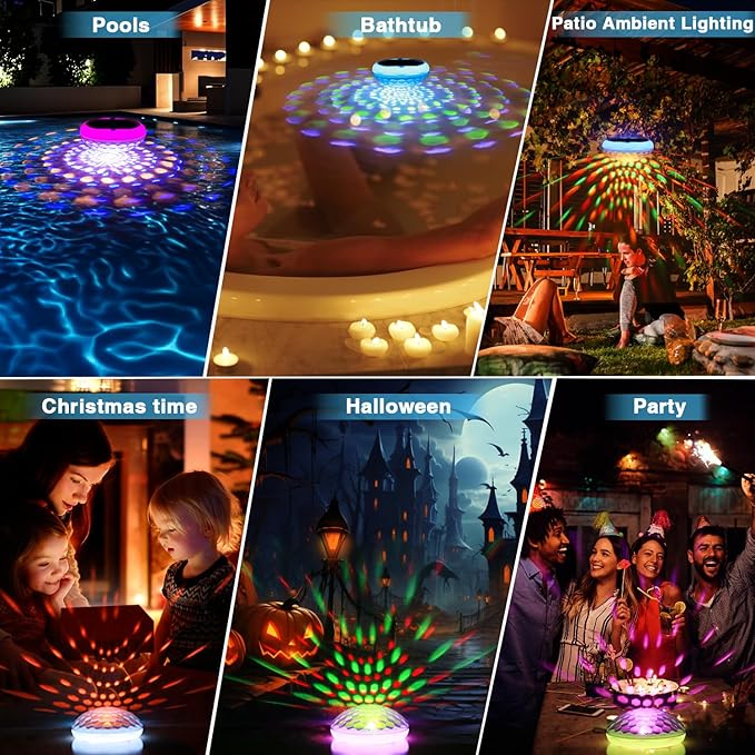 Solar Pool Lights(1 PCS), 2600mAh USB Rechargeable Floating Pool Lights, 6.7" IP68 Waterproof Solar Floating Light with Remote, RGB 13 Colors Upper and Lower Glow Hangable Light for Path, Hot Tubs