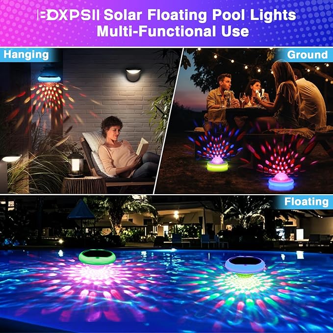 Solar Floating Pool Lights(2 Pack), Rechargeable Pool Lights that Float with Remote, 6.7'' 2600mAh IP68 Waterproof Floating Light 13 Colors Upper and Lower Glow Solar Light for Pools