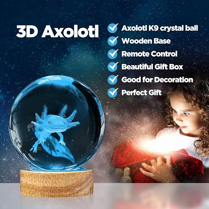 3D Axolotl Crystal Ball Night Light,3.15in k9 Crystal Ball Lamp with 16 Colors Change,Wooden Base and Remote Control Decor Axolotl Gifts for Kids