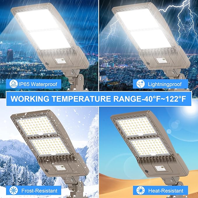 400W LED Parking Lot Light UL ETL Listed 60000LM 5000K Adjustable Arm Mount LED Street Light with Dusk to Dawn Photocell 100-277V IP65 Rating Outdoor Commercial Area Flood Security Lighting DLC Listed