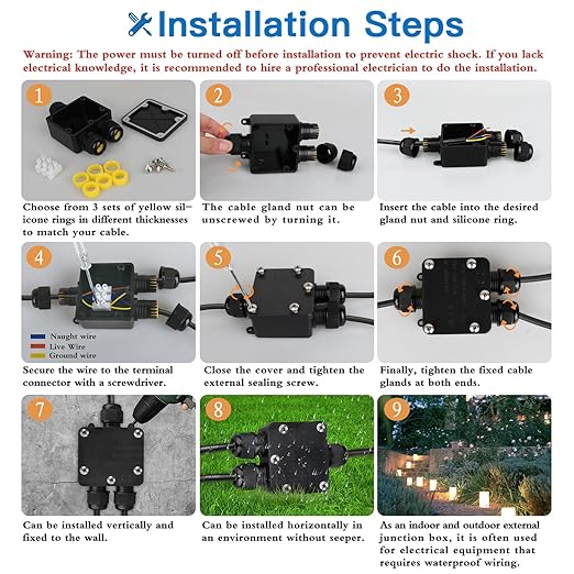 Helunsi Waterproof Junction Box 3 Way, IP68 External Waterproof Electrical Junction Box, Black Underground Junction Box Outdoor Cable Connector, for Diameter 5mm -15mm Wire Gland (1 Pack - Small)