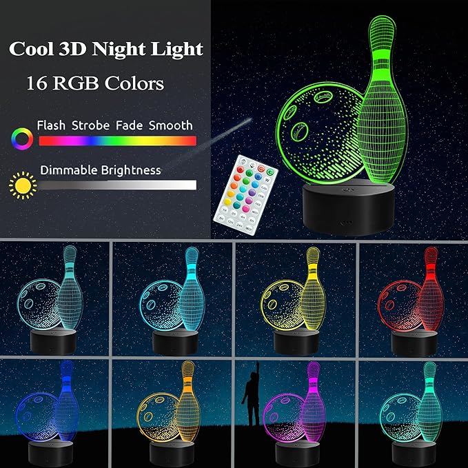 Bowling Night Light, Bowling Gifts, 3D Night Light with Remote Control, 16 RGB Colors, 4 Flashing Modes, Timer, Bowling Room Decor