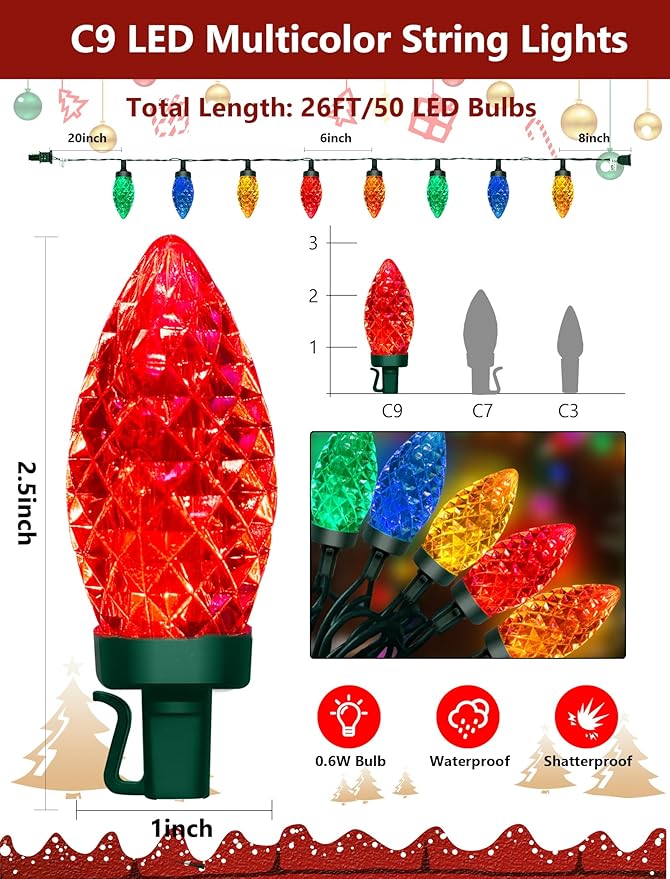C9 LED Multicolor Christmas Lights Outdoor, 26FT Hanging Christmas Decorations Lights with 50 Diamond C9 Colorful Bulbs, Connectable Patio Light Waterproof for Tree Patio Roofline Holiday Party