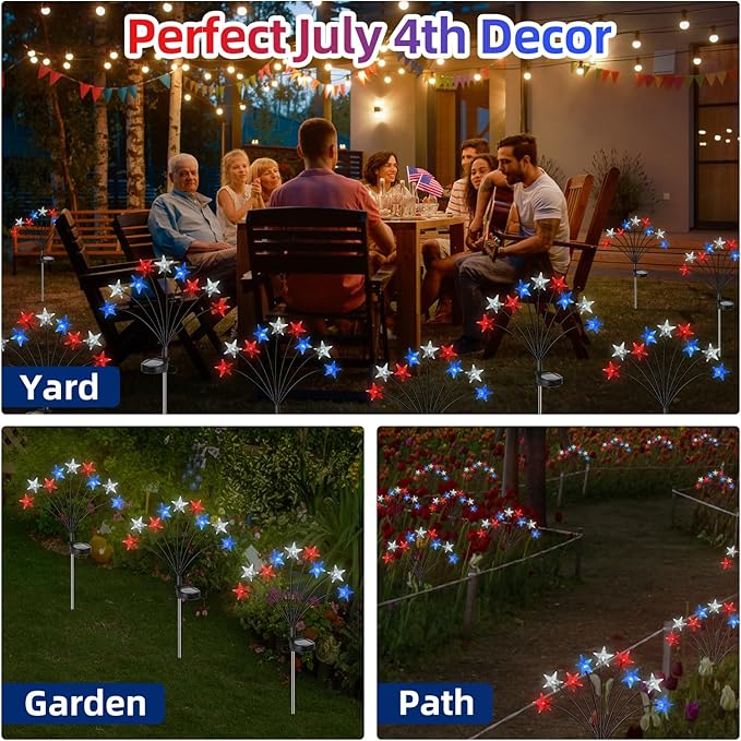 Lewondr 4th of July Decorations Solar Garden Lights, Fourth of July Red White and Blue Light Solar Lights Outdoor, Waterproof Patriotic Decor with 9 LED 2 Lighting Modes for Independence Day, 4 Pack