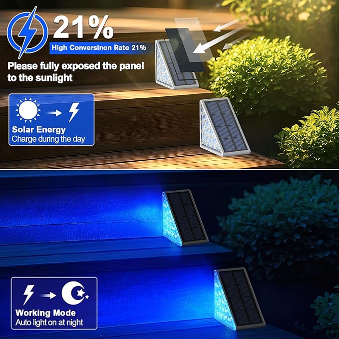8 Pack Solar Stair Lights, Outdoor Step Lights with Waterproof IP67, Blue Color LED Solar Light for Outside Light Decor for Stair, Deck, Front Step, Front Porch, Patio and Backyard