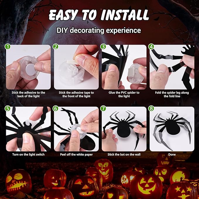 36 PCS LED Green Lighted 3D Spiders Halloween Decoration, 4 Sizes Shapes Removable PVC Spiders Sticker, Waterproof Halloween Spider Wall Decor for Home Indoor Outdoor Room Window Door Wall Party Decor