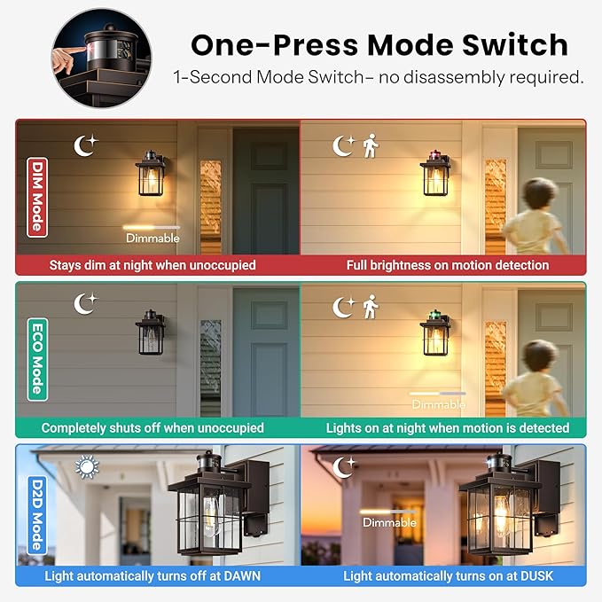Gleamz Motion Sensor Front Porch Light with Outlet, Oil Rubbed Bronze Outdoor Light with GFCI Outlet, Exterior Sconce Light with Adjust Sensitivity, Garage Lights Wall Lantern for Coach, Balcony, Home