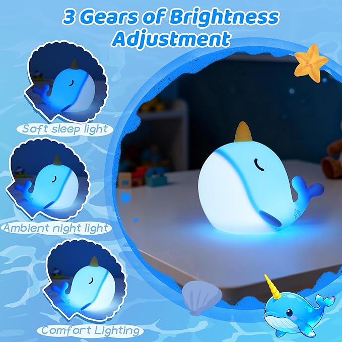 Blue Narwhal Night Light, Cute Squishy Silicone Lamp, Dimmable Touch Control Narwhal Gifts for Boys Girls, Ocean Animal Nursery Lamp for Birthday Christmas Decor