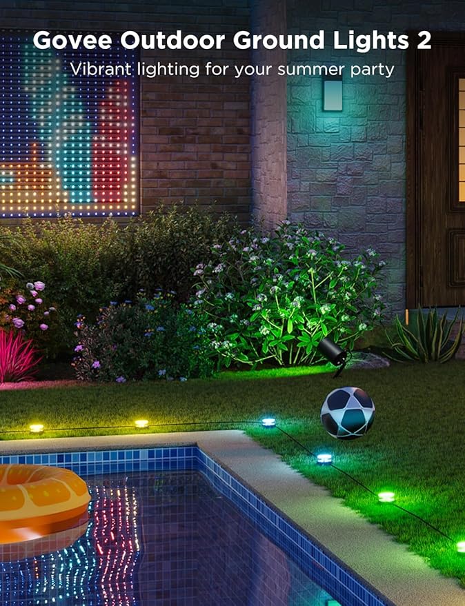 Govee Outdoor Ground Lights 2, 100ft for Patio Decorations, 30 Pack RGBIC Pathway with 100LM Warm White, IP67 Waterproof for Garden, Splitter Connector, Works with Alexa, Google Assistant