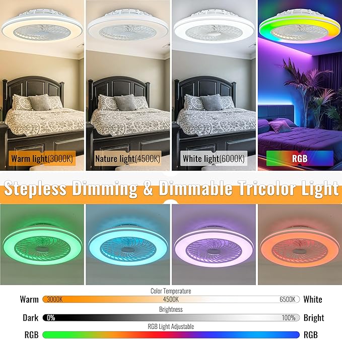 24'' Low Profile Bladeless Ceiling Fans with Lights, Remote/APP/Alexa Smart Control, RGBW Dimmable, Flush Mount Ceiling Fan with 6-Speed Reversible for Bedroom Living Room Kid's Room
