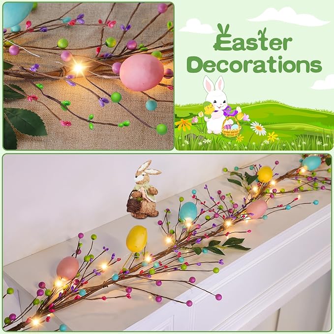 6 Ft 20 LED Easter Decorations Easter Garland with Lights Timer Colorful Eggs Mixed Berried Green Leafed Artificial Easters Egg Garland Spring Garlands for Home Mantle Fireplace Table Indoor Outdoor
