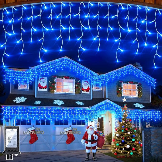 1296 LED Outdoor Christmas Lights with 288 Drops, 131FT Christmas Fairy Lights with 8 Modes Timer, Twinkly Lights IP44 Waterproof for Eaves Yard Room Holiday Wedding Party Decor (Blue)