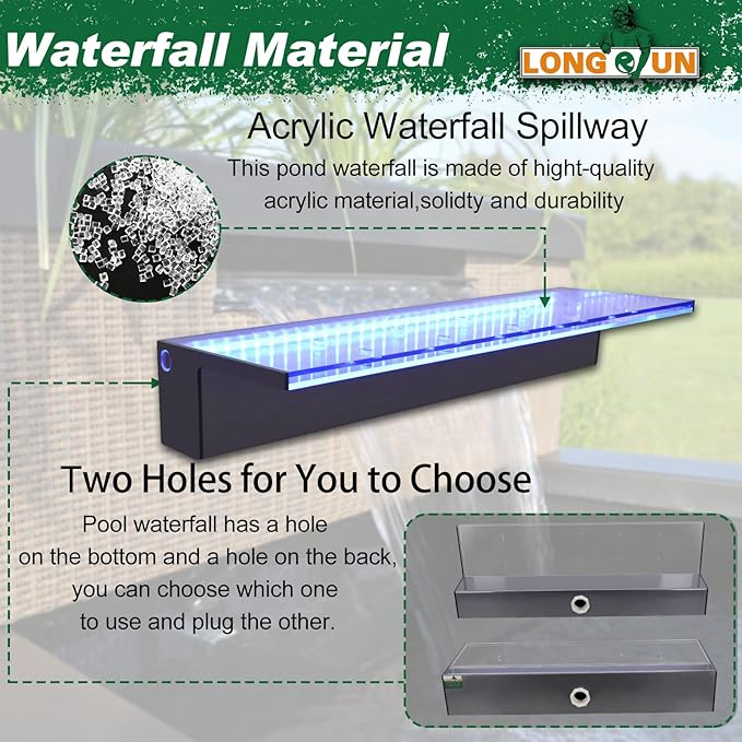 LONGRUN Waterfall Spillway Multi-Color LED Light Outdoor Pool Fountain, Acrylic Water Spillway Koi Pond Waterfalls Fountains Kit for Garden Koi Ponds Patio Swimming Pool Decoration-23.6"