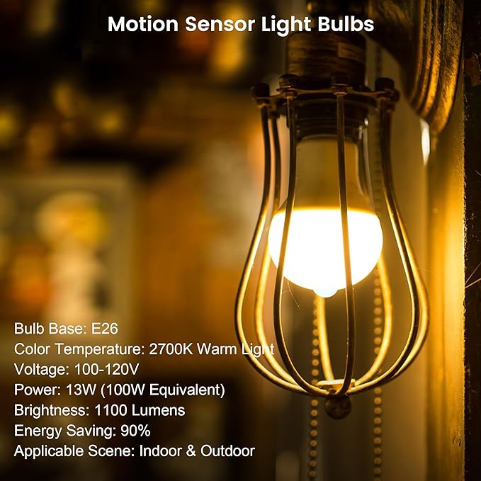 Torkase Motion Sensor Light Bulbs, 13W (100Watt Equivalent), Motion Activated Dusk to Dawn Security LED Bulb, 2700K Warm White, Energy-Efficient, for Indoor and Outdoor Lighting, Porch, Stairs 4Pack
