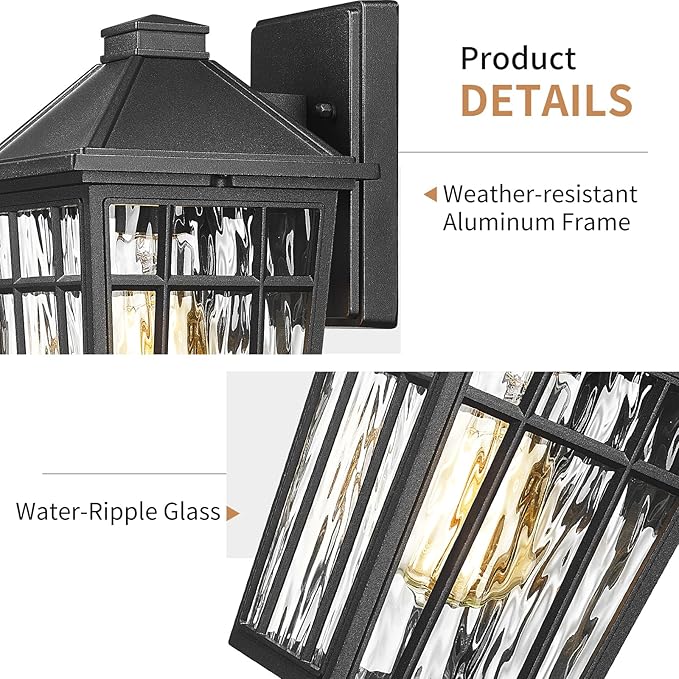 Darkaway Outdoor Wall Lights for House, 2pcs Exterior Lighting Fixtures Wall Mount Porch Lights Waterproof Outdoor Sconce Lights with Water Ripple Glass for Patio Hallway Garage