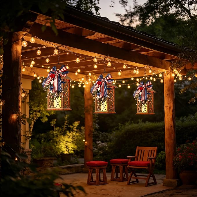 4th of July Solar Lanterns Outdoor Waterproof, Patriotic Hanging Lantern with Flickering LED Candle, 13" Independence Day Lanterns Decorations for Patio Porch Garden Yard Pathway, 1 Pack