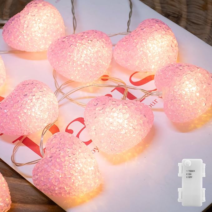 YOLIGHT Pink Heart String Lights, 6.5ft 10 LED Valentines Lights Battery Operated with Timer, Heart Decoration for Home Window Girls Room Wedding Party Mother's Day(Warm White)