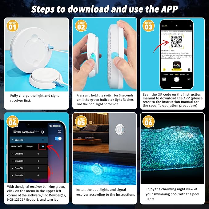 Homly Rechargeable Submersible Pool Lights with Wireless APP Control, Waterproof Underwater Smart LED Lights Controlled Multiple Lighting Modes, 4000mAh Magnets Light for Multi Scene Pool Decoration