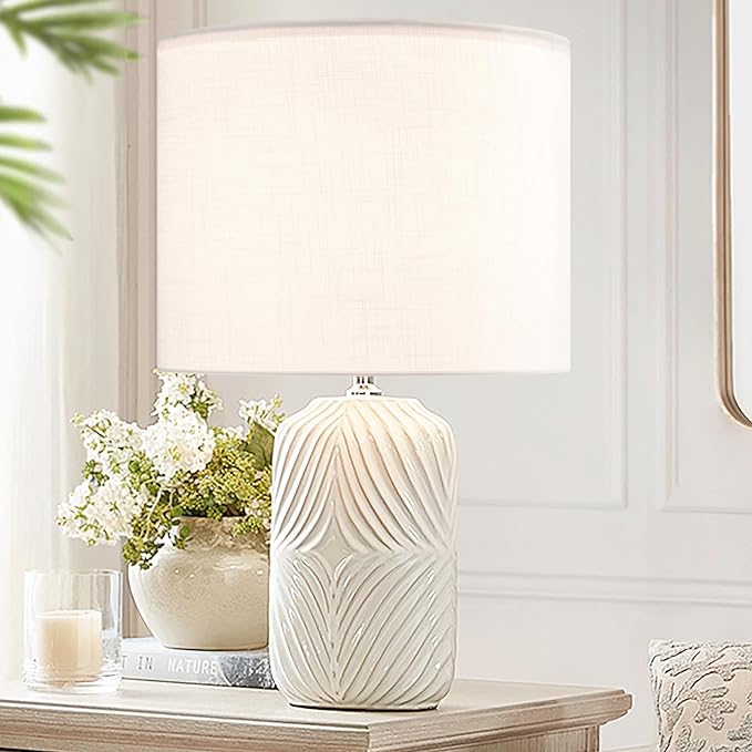 Set of 2 Pure White Textured Drum Lamp Shade Linen Lamp Shades 14"op x 14“Bottom x 11”High(Spider) Medium Modern lampshade for Table Lamp & Bedside Lamp - Top and Bottom Self Trim
