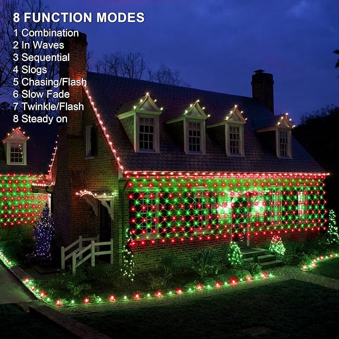 198 LED 9.8 FT*6.6 FT Net Lights Plug in, 8 Lighting Modes Mesh Light Connectable, Waterproof Christmas Net Lights Outdoor for Bushes, Wedding, Holiday, Garden, Xmas Tree Decorations(Red and Green)