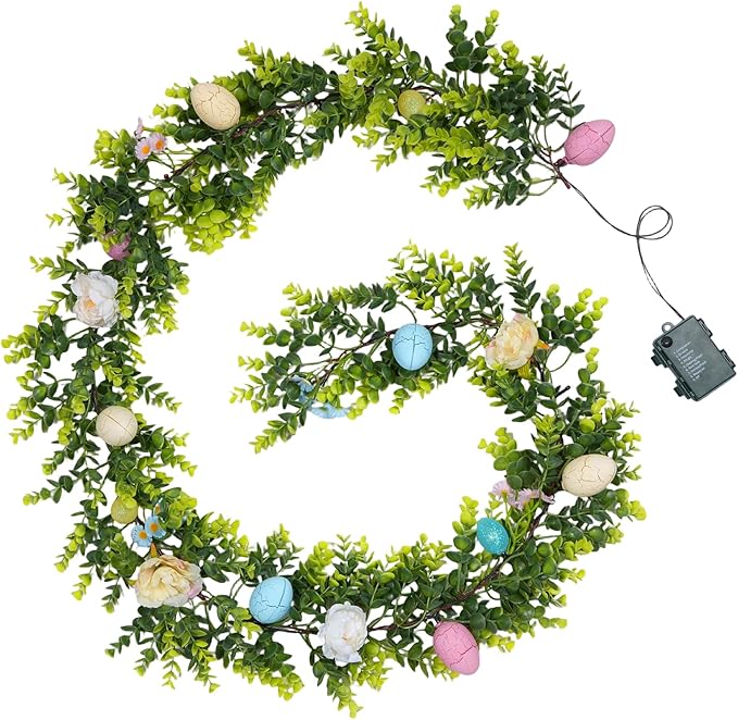 6FT Prelit Easter Garland with 20 LED Lights, Lighted Artificial Easter Egg Garland for Mantle, Battery Operated with 8 Mode Timer – Peony & Eucalyptus Accents
