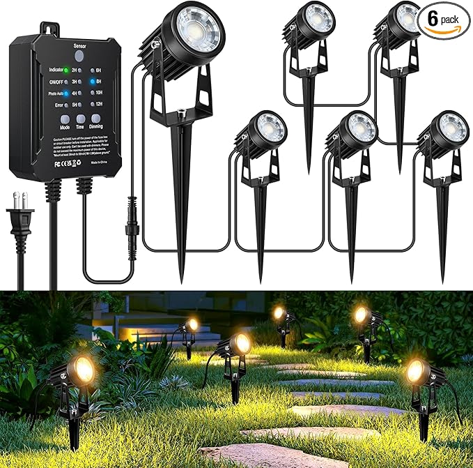 Plug-and-Play Low Voltage Landscape Lighting Kit, 6-Pack Landscape Lights with Transformer, 3000K Waterproof Outdoor Spotlight with Wire for Yard, Garden