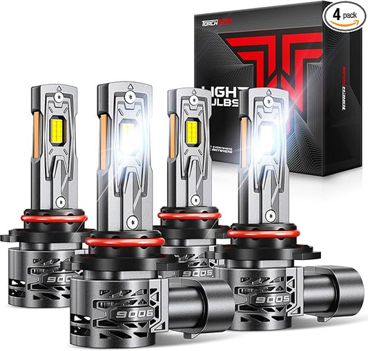 Torchbeam 2025 10X Super Brighter 9005/HB3 9006/HB4 Bulbs Combo, 120,000LM, 1:1 Size, 6500K Cool White, 80000Hrs Long Life with 25000RPM Cooling Fan, 360° Adjustable Beam, Pack of 4