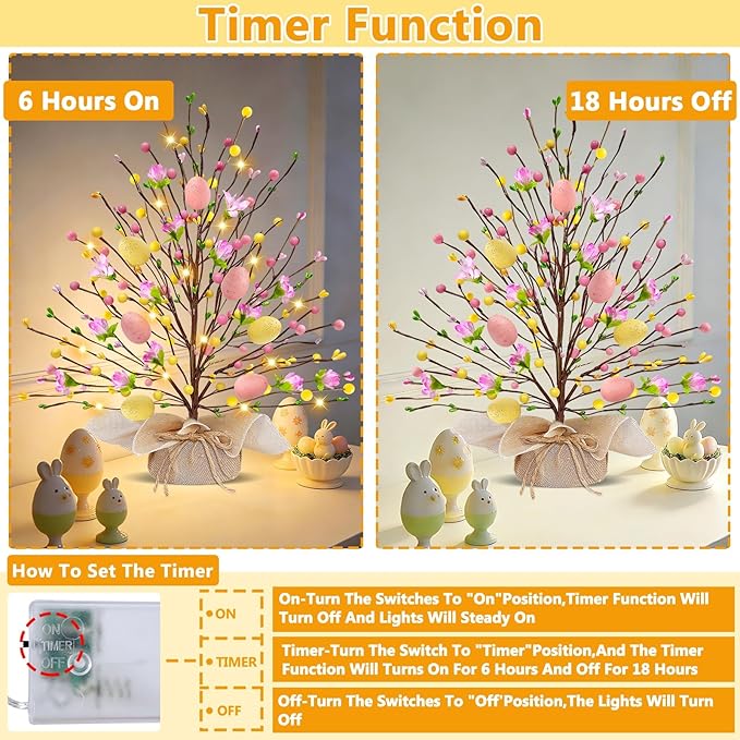 2 Pack & Timer - Easter Decorations, 18 Inch Lighted Easter Tree Tabletop with 20 LED Warm White Lights Pastel Eggs Floral Berries Battery Operated Easter Egg Tree Home Indoor Table Party Spring Decor