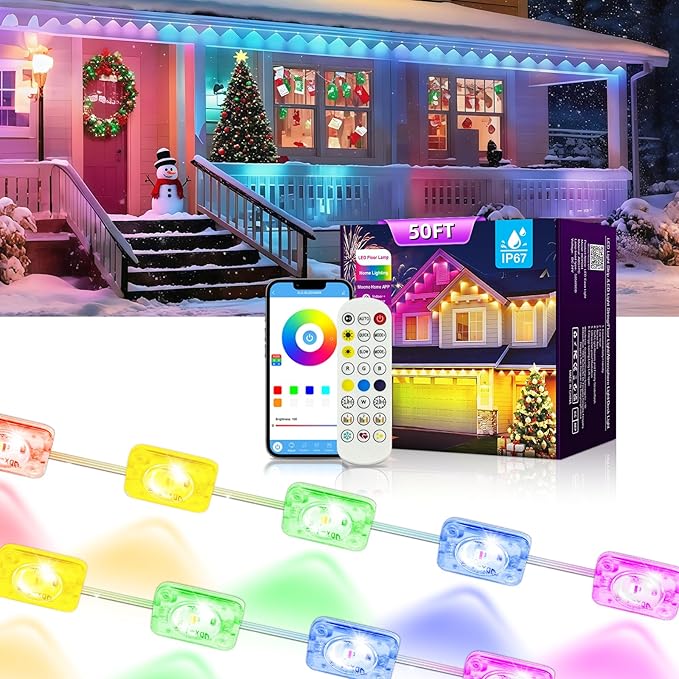 50FT Permanent Outdoor RGB Lights with IP67 Waterproof, Smart Outdoor String Lights Remote Control, Eaves Lights with App, Daily and Accent Lighting for Halloween,Christmas Holiday Decor