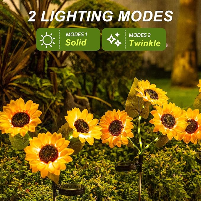 Solar Powered Sunflowers for Outside, Auto ON/Off Solar Garden Lights Outdoor Waterproof, 3 Packs Walkway Solar Lights with 9 Sunflowers for Garden, Yard and Lawn Ornaments