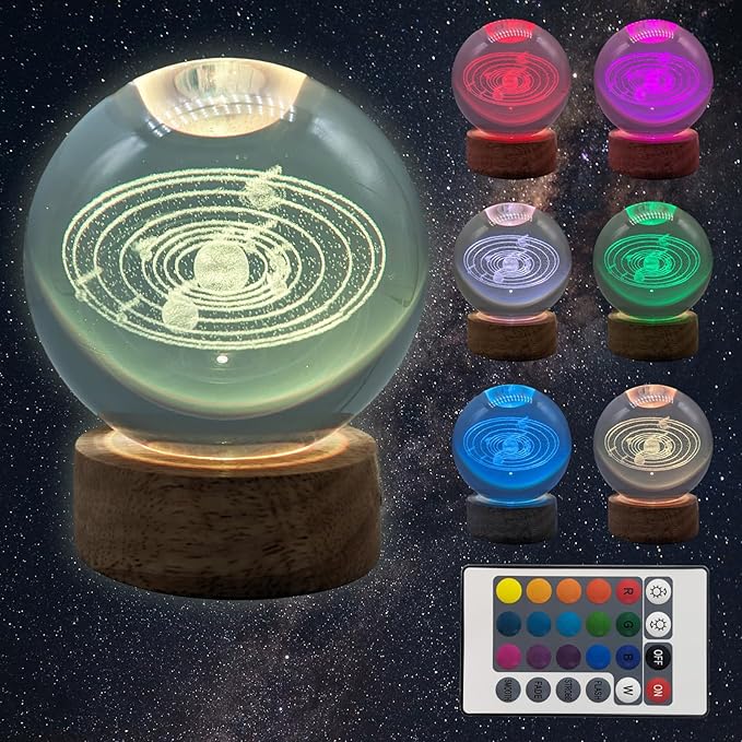 3D Crystal Ball 3.15" With LED Lamp, Colorful Wooden Base Night Light, Removable Glow Ball, Color Changing Light With Remote (4-SolarSystem)