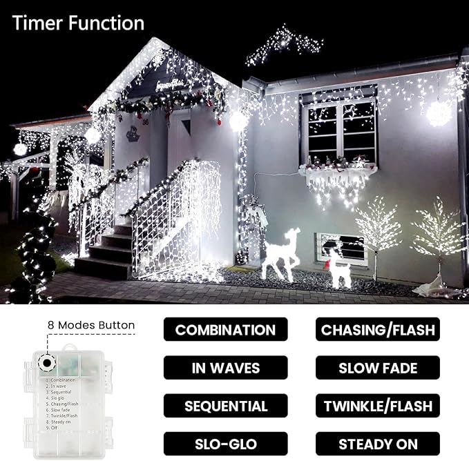 2 Pack Christmas String Lights Battery Operated with Timer, 66FT 200 LED Waterproof Twinkle Lights, 8 Modes Fairy Light for Indoor and Outdoor Bedroom Garland Tree Christmas Decorations (Cool White)