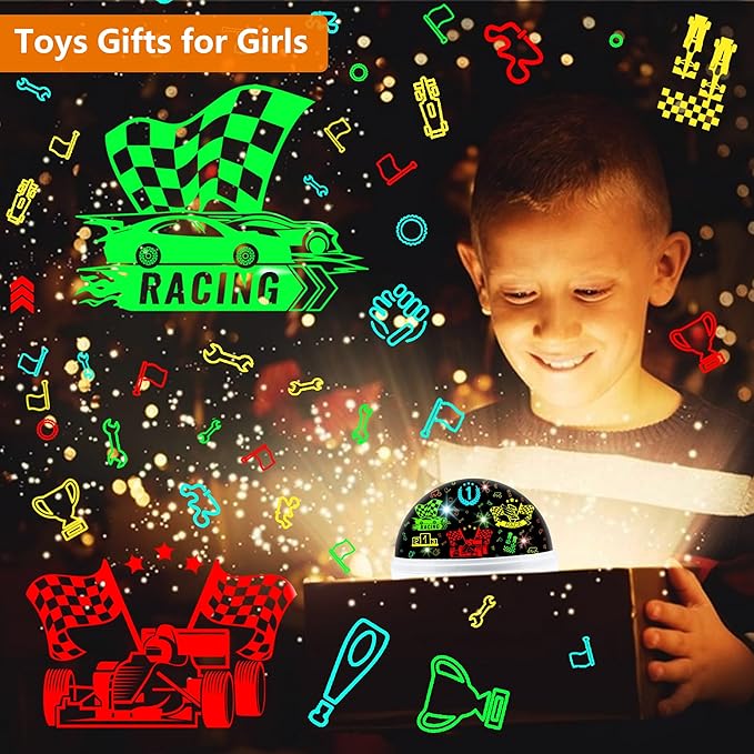 Race Car Night Light Projector Birthday Gifts Toys for Boys Age 3-5 Kids Car Nightlights 360 Degree Rotation with 17 Colors Changing Star Projector Ceiling Light Projector for Boys