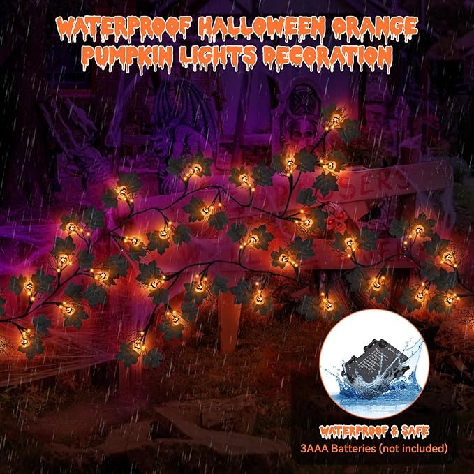 6 FT 54 LED Halloween Lights, 8 Modes & Timer Battery Operated Halloween Pumpkins Lights with Willow Vine Twig Garland, 3D Waterproof Decorations Lights for Home Indoor Wall Fireplace Mantle Party