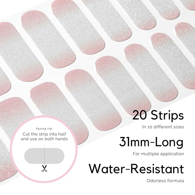 Semi Cured Gel Nail Strips - NAILOG 20 Pcs Gradient Clear Pink Nail Stickers Extra Long Wraps with Glossy Gel Finishing, French Gleam