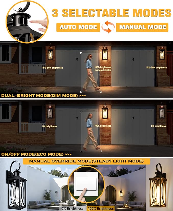 DBF Motion Sensor Outdoor Wall Lights, 2 Pack Outdoor Porch Lights Dusk to Dawn, Anti-Rust Exterior Light Fixture Waterproof with Glass & E26 Socket Wall Sconce for House Garage Patio Doorway, Black