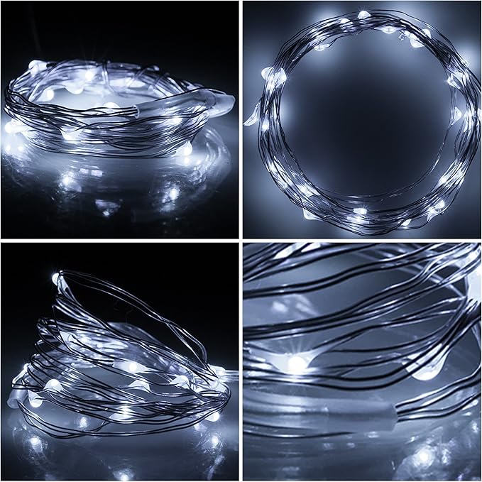 ITART Micro LED String Lights Battery Powered Set of 8 Cool White Mini Fairy Light 20 LED 6ft Ultra Thin Silver Wire Rope Lights for Craft DIY Costume Centerpieces Display