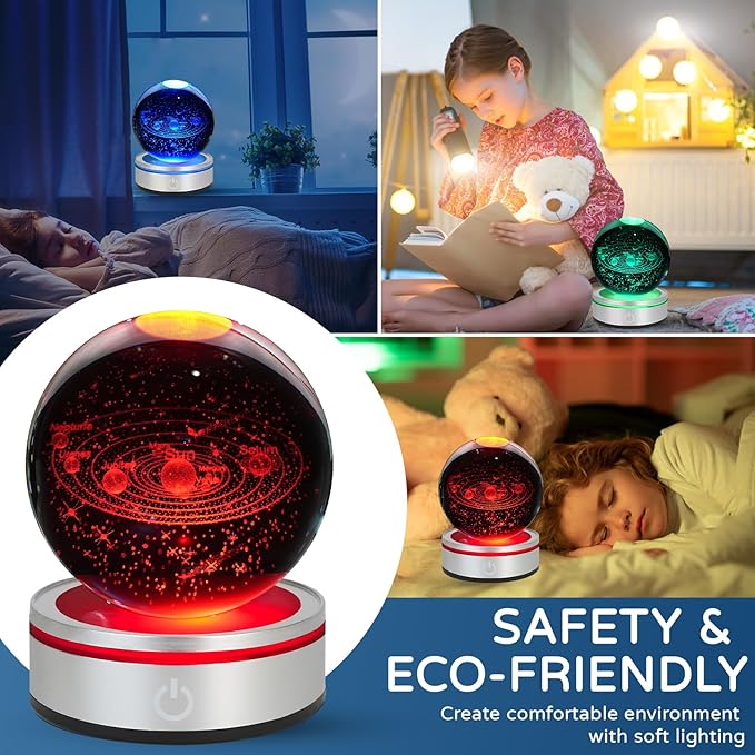3D Solar System Crystal Ball Night Light with LED Colorful Lighting Touch Base Upgrade 3.15 In Galaxy Planets Glass Ball Lamp Paperweight Astronomy Gift Decor for Boys Girls Kids Birthday Christmas