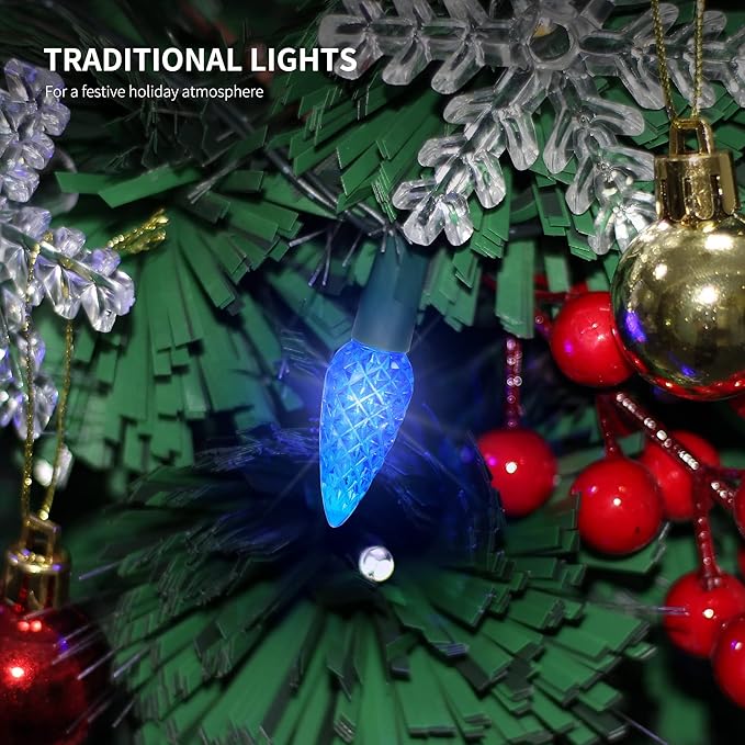 WATERGLIDE C6 Christmas Lights, 33ft 100 LED Faceted String Lights Green Wire Fairy Lights with 29V Safe Adaptor, 8 Lighting Mode, Waterproof for Indoor Outdoor Patio Xmas Tree Party Decor, Blue