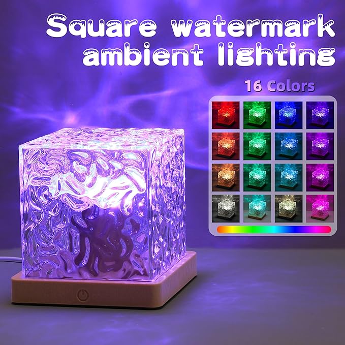 Northern Lights Cube Lamp Ocean Water Projector Luminorthe lumena Lights Cube Bedroom Decor 16 Colors Rotating Flame Remote Charging for Kids Adults