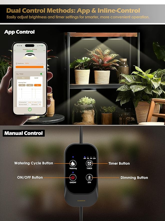 GLOWRIUM Grow Lights for Indoor Plants, 16W Smart Full Spectrum LED Grow Light, Auto Timer and Stepless Dimming,Plant Assistant with Watering Reminder,Modular Design (Black, 2 PCS)