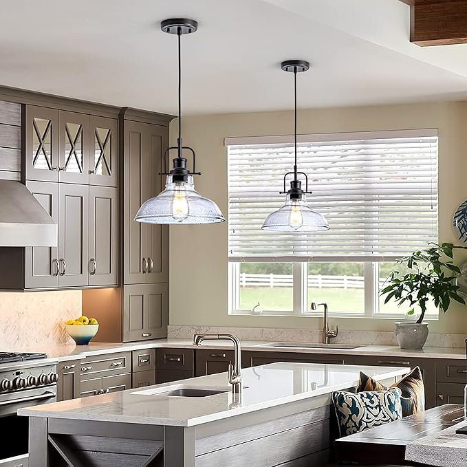 Glass Pendant Light，Black Pendant Light Fixtures with Seeded Glass Shade, Adjustable Height Hanging Lights for Hallway, Kitchen Island, Dinning Room（Bulb not Included）