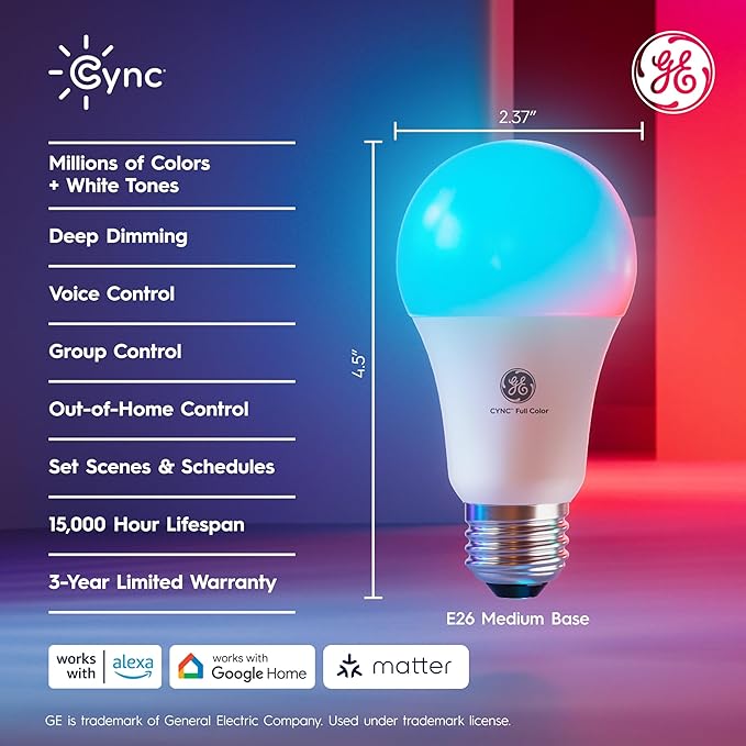 Cync GE A19 LED Smart Light Bulbs, Room Decor Aesthetic Bluetooth and WiFi Color Changing Lights, LED Indoor Light Bulb, Compatible with Alexa and Google (2 Pack)