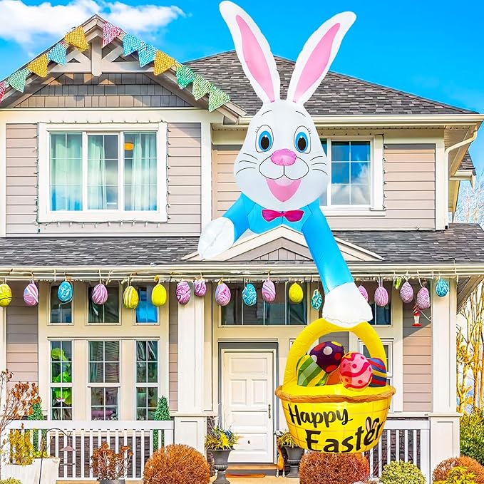 OurWarm 8FT Easter Inflatables Outdoor Decorations, Climbing Bunny with Eggs and Basket, Easter Blow Up for Outside Spring Lawn Yard Roof Decor