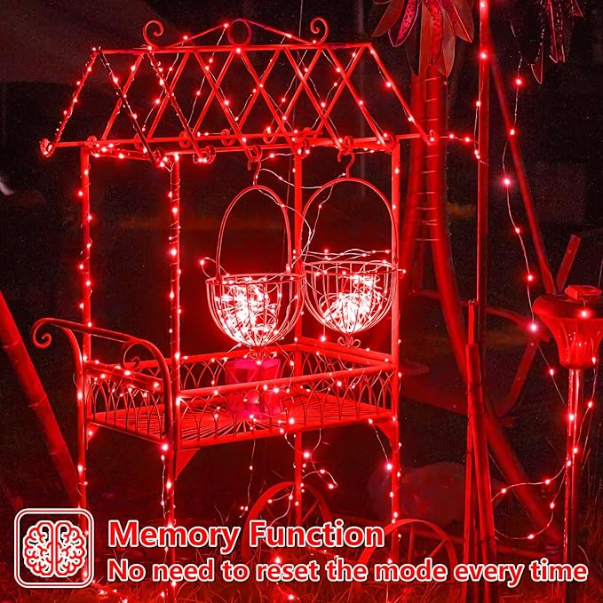 YEGUO 4 Pack Red Solar Fairy Lights, Each 33ft 100 LED Valentines Lights Outdoor Waterproof, 8 Modes Sliver Wire Solar Christmas String Lights