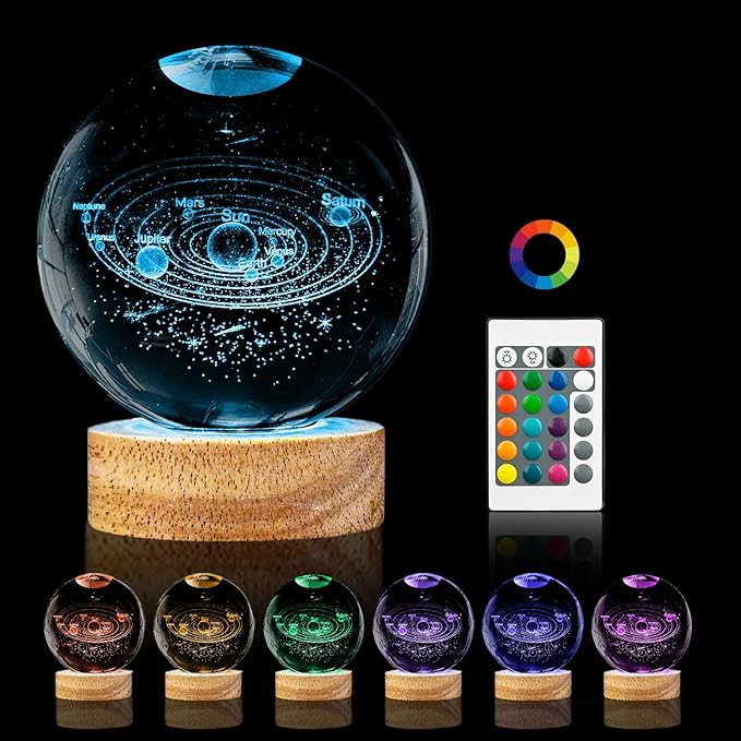 3D Solar System Crystal Ball Night Light,3.15in k9 Crystal Ball Lamp with 16 Colors Change,Wooden Base and Remote Control Decor Gifts for Kids (Solar System)