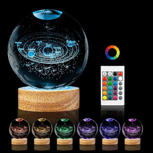 3D Solar System Crystal Ball Night Light,3.15in k9 Crystal Ball Lamp with 16 Colors Change,Wooden Base and Remote Control Decor Gifts for Kids (Solar System)