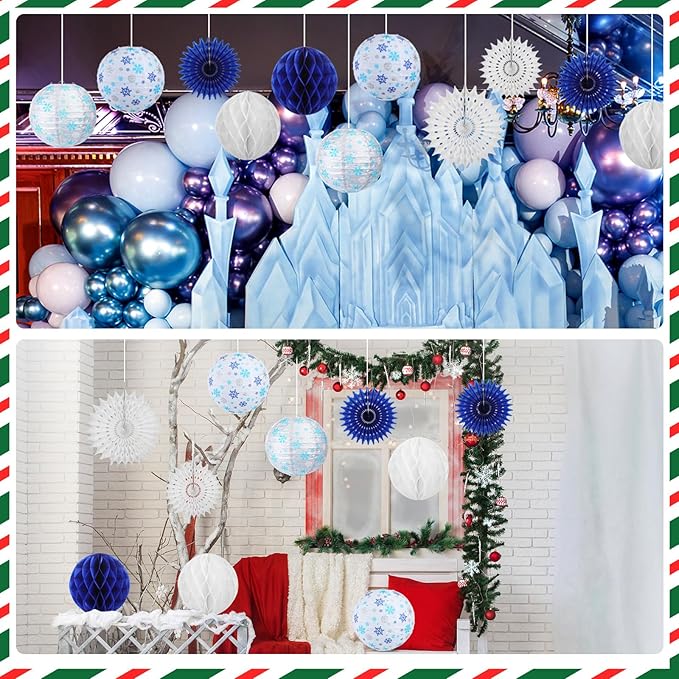 Retisee 18 Pcs Winter Party Decorations Snowflake Paper Lanterns Blue Sliver Hanging Paper Fans Hanging Honeycomb Ball for Wonderland Party Holiday Winter Decor Supplies