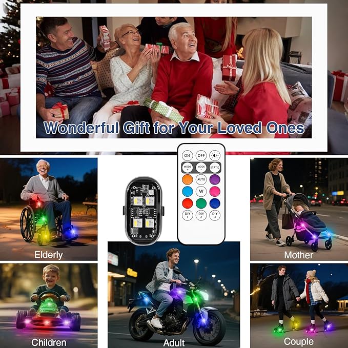 LECART Wireless LED Strobe Lights with Remote Control, 8 Colors USB Rechargeable Waterproof Anti-Collision Warning Lights for Car, Motorcycle, Bike (2 Pcs)